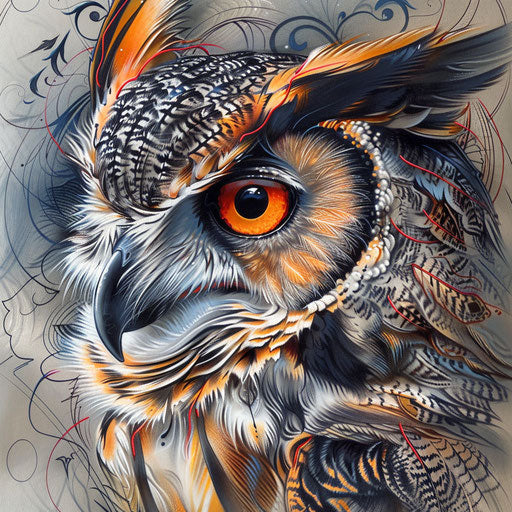 Neo-traditional tattoo sketch of a silver owl with rich colors and intricate details