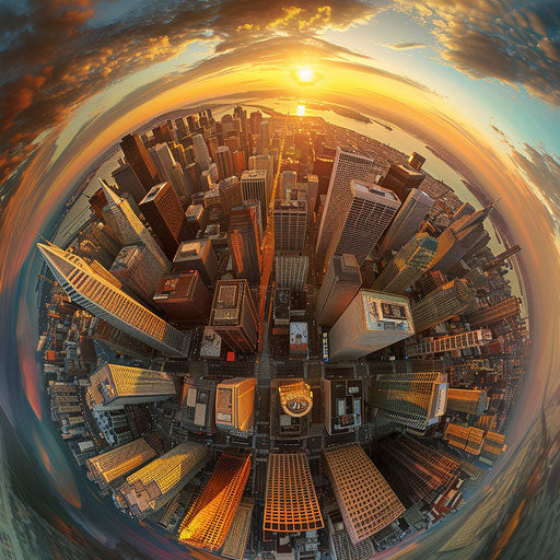 Finance with panoramic view of city's financial district at sunrise