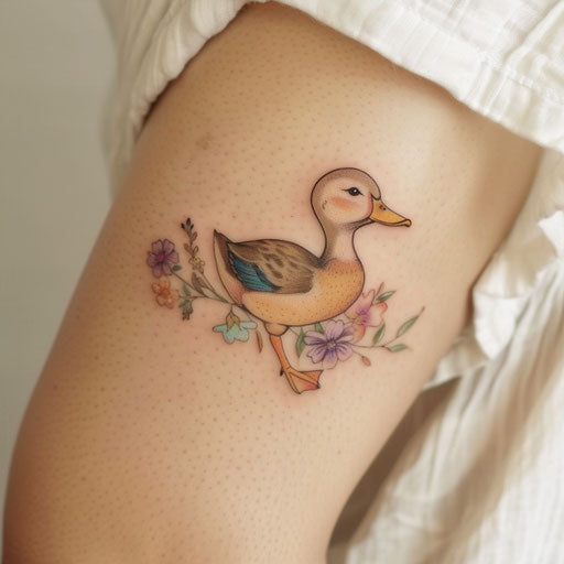 Duck tattoo with delicate flowers and pastel colors