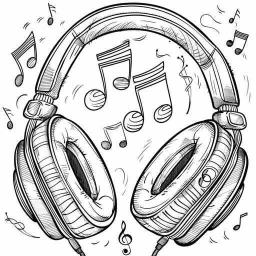 Headphones with swirling musical notes. Coloring book page