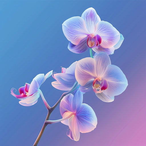Orchid illustration in photo realistic style with flat random background, high contrast and saturated hues