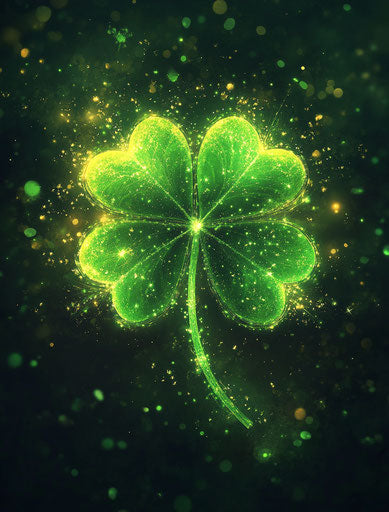 Glowing green clover on enchanting dark background