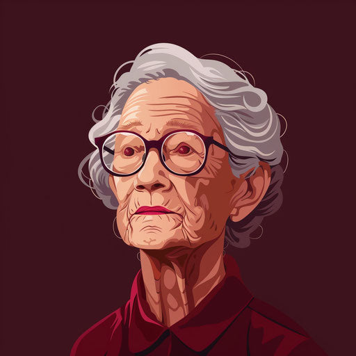 Flat background in deep maroon supporting old lady clipart in a photo realistic depiction, accented with dynamic shadows and bright highlights