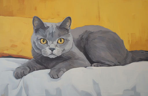 Gray cat on yellow pillow, with yellow eyes, light purple and light brown style