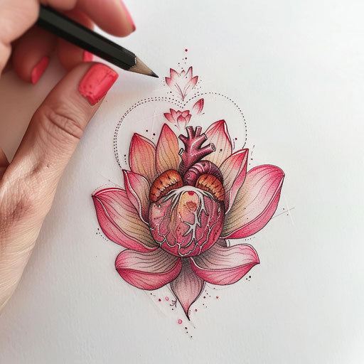 Artistic flat tattoo sketch of lotus and anatomical heart in pink and red