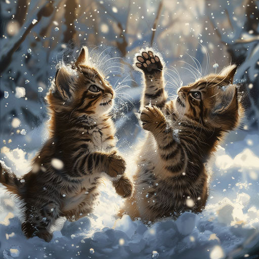 Brown cat kittens playing in the snow