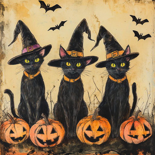Three black cats in witches' hats, pumpkins and bats on vintage background
