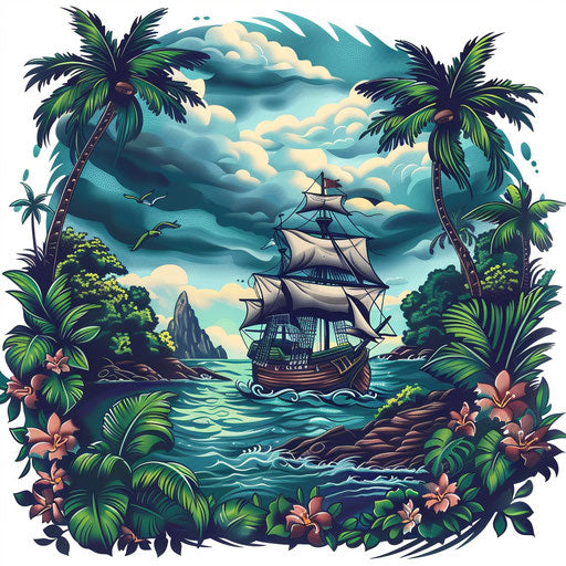 Exotic tattoo sketch of a pirate ship near a tropical island