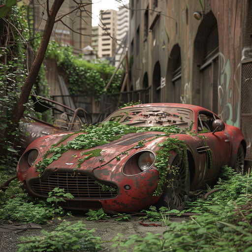 Rusted Aston Martin DB7 Zagato in deserted urban setting