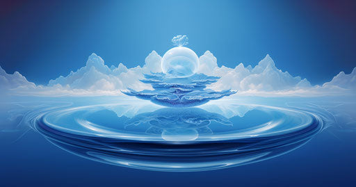 Blue object in the middle of the sky, kushan empire style, translucent water 128:67