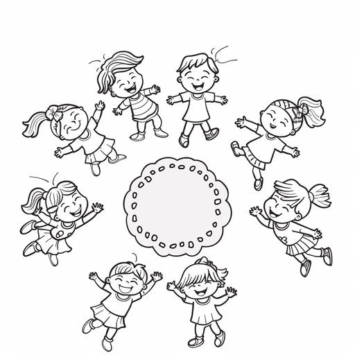 Children dancing in circle, joyful. Coloring page