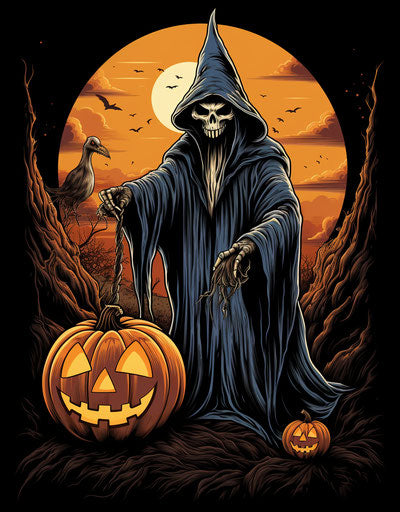 The grim reaper with a pumpkin, iconic rock and roll style