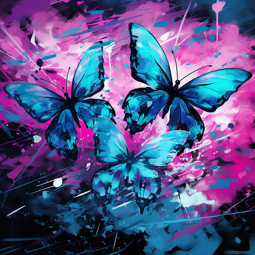 Blue and purple watercolor butterflies in digital glitchy style