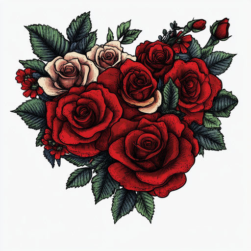 Heart-shaped arrangement of red roses on white background