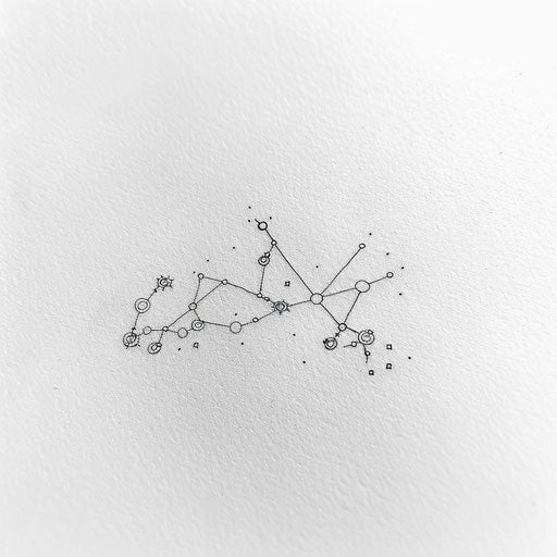 Sketch of Gemini constellation tattoo with small stars connected by thin lines, on a clean white background.