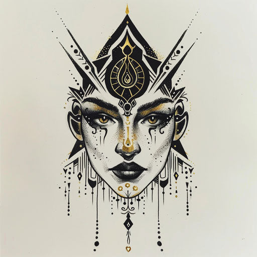 Art deco tattoo sketch of Aphrodite with black and gold