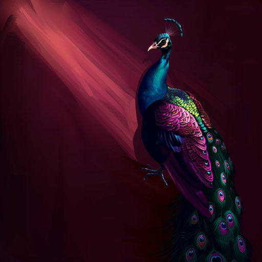 Flat deep maroon background featuring peacock clipart in realistic depiction, enhanced with dynamic shadows and bright highlights