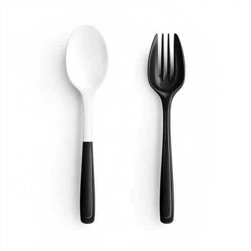3D spoon and fork in photo realistic style on flat white background, isolated clipart