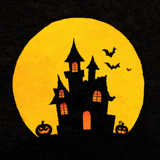 Haunted house under a bright yellow full moon