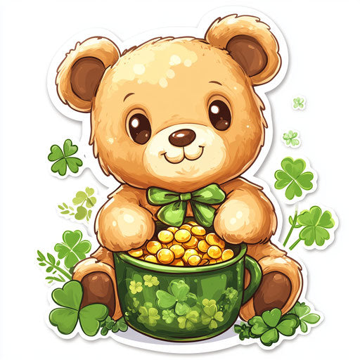 Sticker Design: A cute green Teddy Bear for St. Patrick's Day, with a pot of gold and shamrocks around it, on white background.