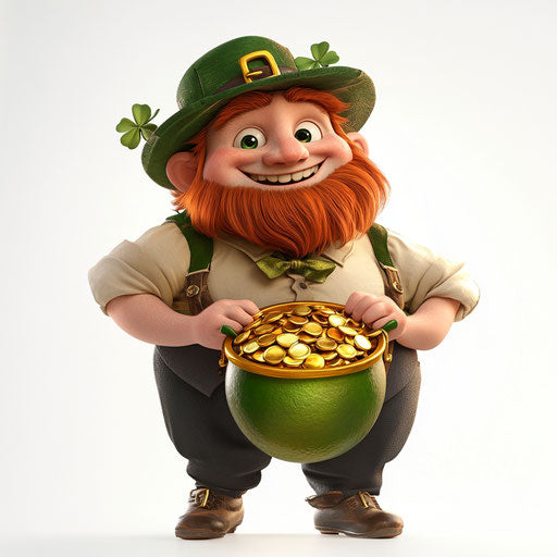 Leprechaun with pot of gold, white background, clipart style, cartoon, Disney Pixar style