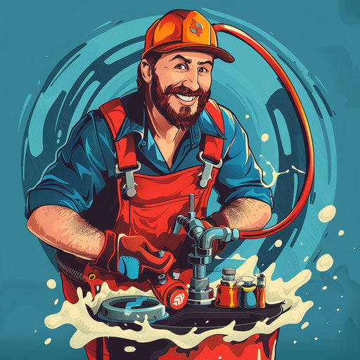 Plumber clipart in photo realistic style with a flat random background, high contrast and saturated hues