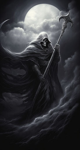 Grim reaper on scythe, airbrush art, tattoo, marble