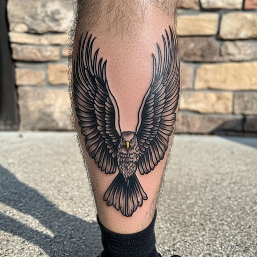 Shin tattoo with bold eagle wings and feathers