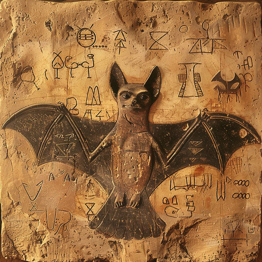 Ancient bat surrounded by symbols of lost civilizations
