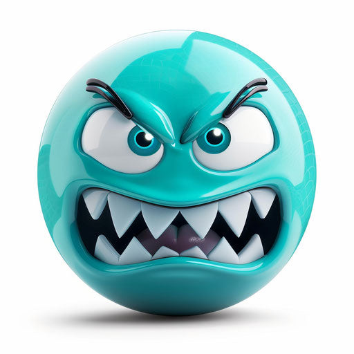 Angry emoji with fangs, clip art style, white background, turquoise blue