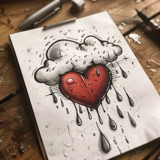 Heart crying under a rain cloud with artistic splashes