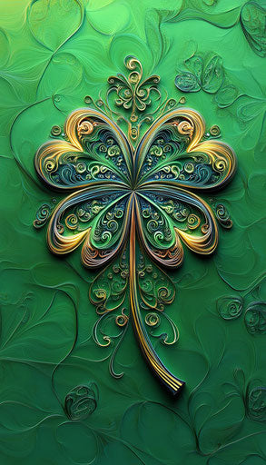 Shimmering shamrock on vibrant green background in fantastical ornate style