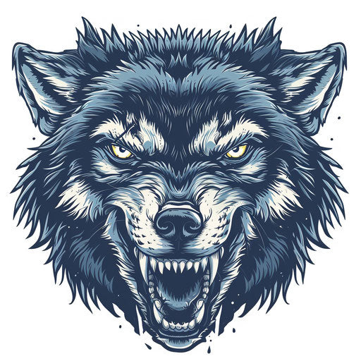 Wolf head on white background, dark gray and light blue style