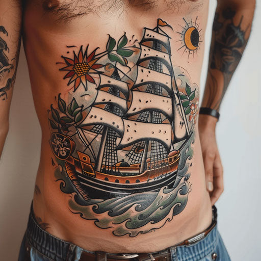 Stomach tattoos of pirate ship men, Sailor Jerry style