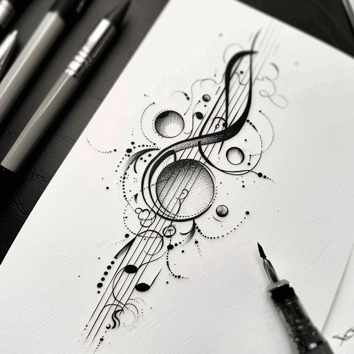 Dynamic sketch of three dots as musical notes on a staff, in black and white, styled in a rhythmic clipart design
