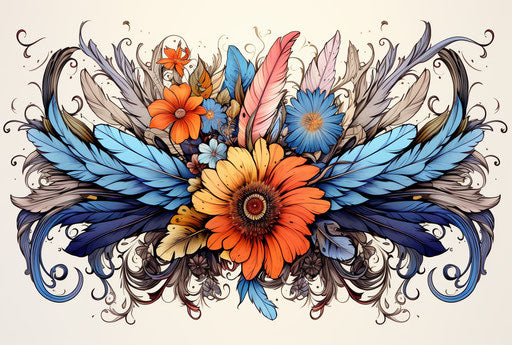 Tattoo art and floral style, hand drawn feathers and flowers