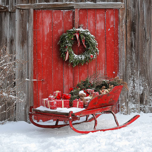 Vintage sled adorned with a Christmas wreath and gifts, against a snowy barn door