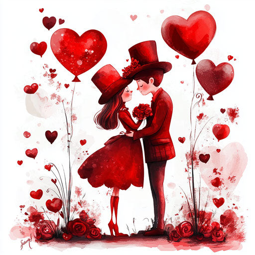 Loving couple in red costumes with Valentine decorations
