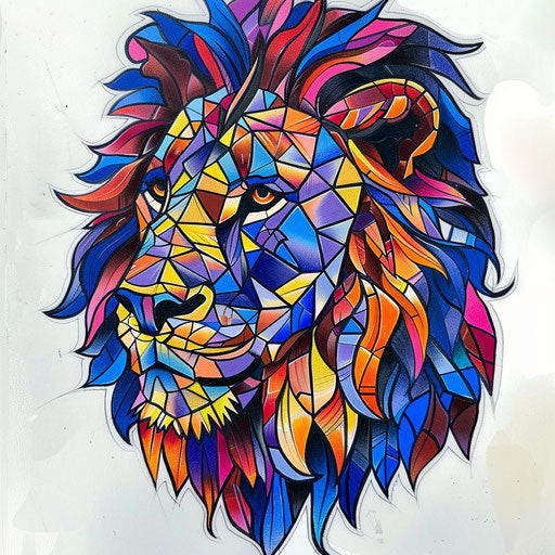 Stained glass inspired tattoo sketch of the Lion of Judah, with segmented bright colors outlined in black, flat style