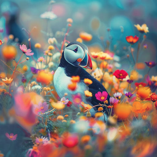 Puffin among colorful wildflowers