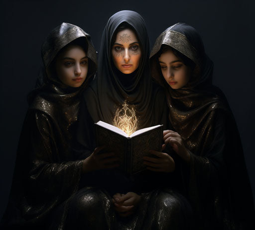 Women holding book, hurufiyya style, black silver, animated gifs, incredible beauty