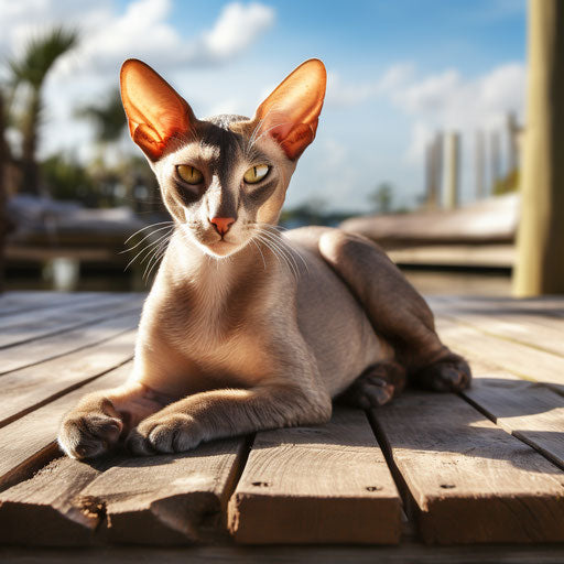 Oriental shorthair cat lying on a dock
