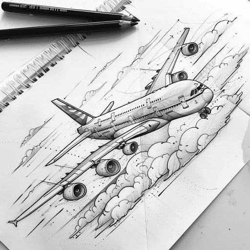 Elegant sketch of a passenger aircraft over the ocean