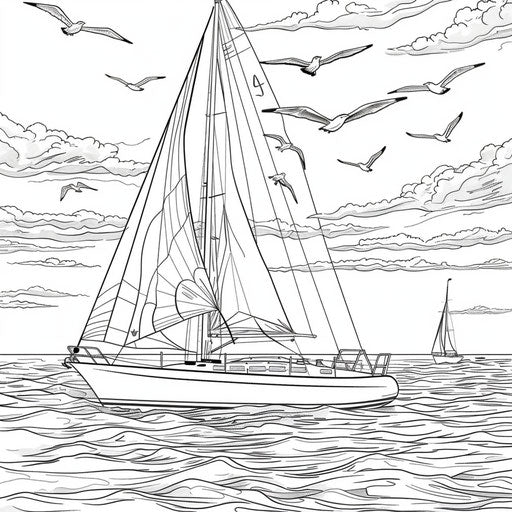 Sailboat sailing on a calm sea with seagulls