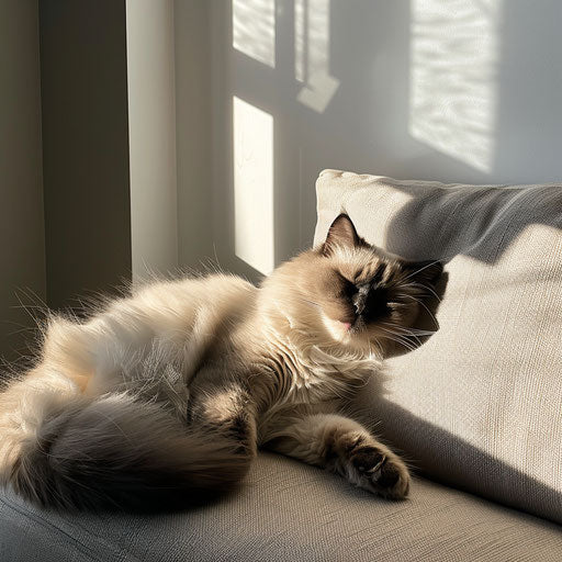 Himalayan cat lounging on modern minimalist sofa