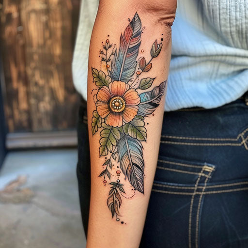 Boho wildflower tattoo, feathers and beads, earthy tones, free-spirited vibe