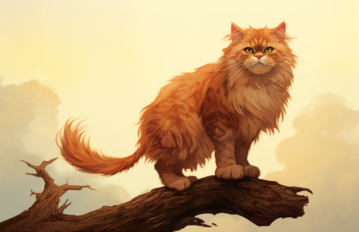 Big haired lemon cat standing on a tree, light brown and red style