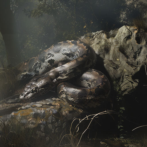 Python snake basking in the sunlight on a rock