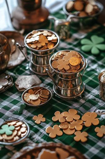 Green and white plaid tablecloths with gold pots and shamrock cookies