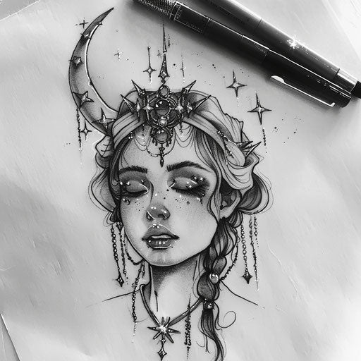 Art nouveau inspired tattoo sketch of a maiden with a crescent moon tiara and star jewels, on white paper